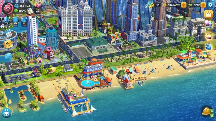 SimCity BuildIt — widok z lotu ptaka na rozbudowane miasto